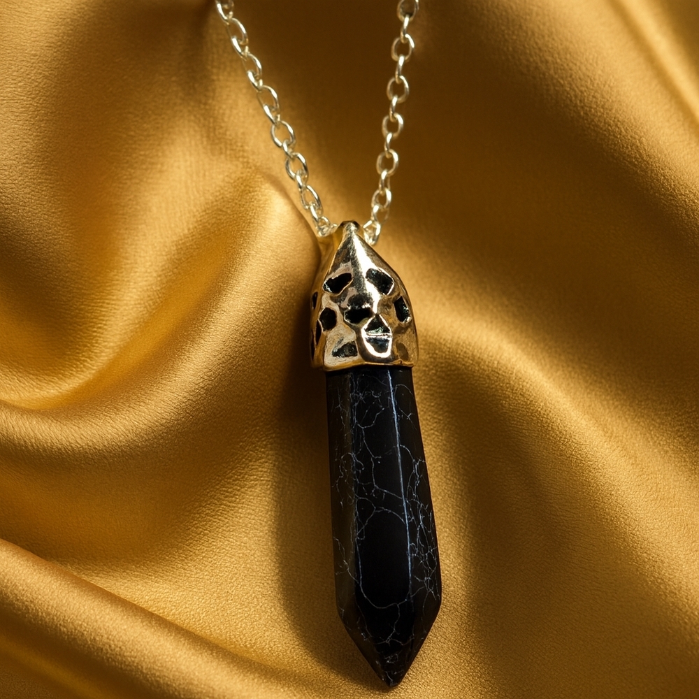 Black Veined Stone Point Necklace – Ornate Silver Cap, Boho Stone Pendant